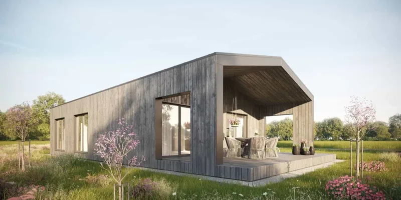 96 m² timber-frame modular house with 30 m² terrace